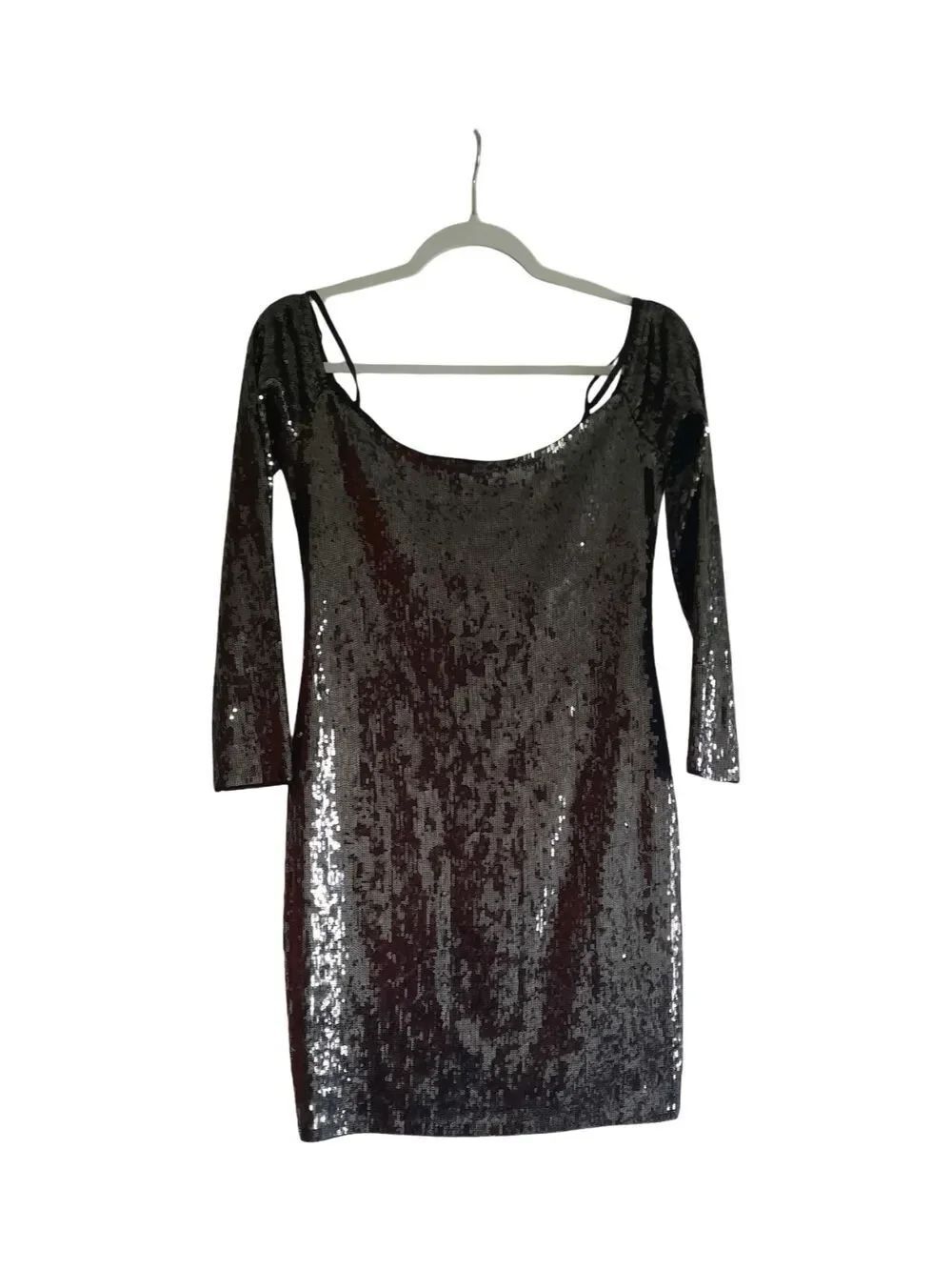 Express Black Sequin Long-Sleeve Scoop Neck Dress